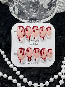 10 Peças de Unhas Postiças Feitas à Mão, Unhas, Unhas Falsas, Unhas de Halloween, Unhas Amendoa, Rosa, Azul, Vermelho, Branco, Preto e Verde, com Padrões de Textura de Bolhas de Sangue Gotejante Rosa, Azul e Verde, Perfeito para Uso Diário, Encontros e Ocasiões Casuais de Menina Delicada - Vermelho e Branco - Visão 3