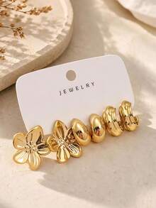 3-12 Pairs Gold Flower Earrings And Thick Hoop Earrings Set, Vintage High-End Women's Fashion Accessories, Suitable For Party, Date, Vacation - Gold - View 8