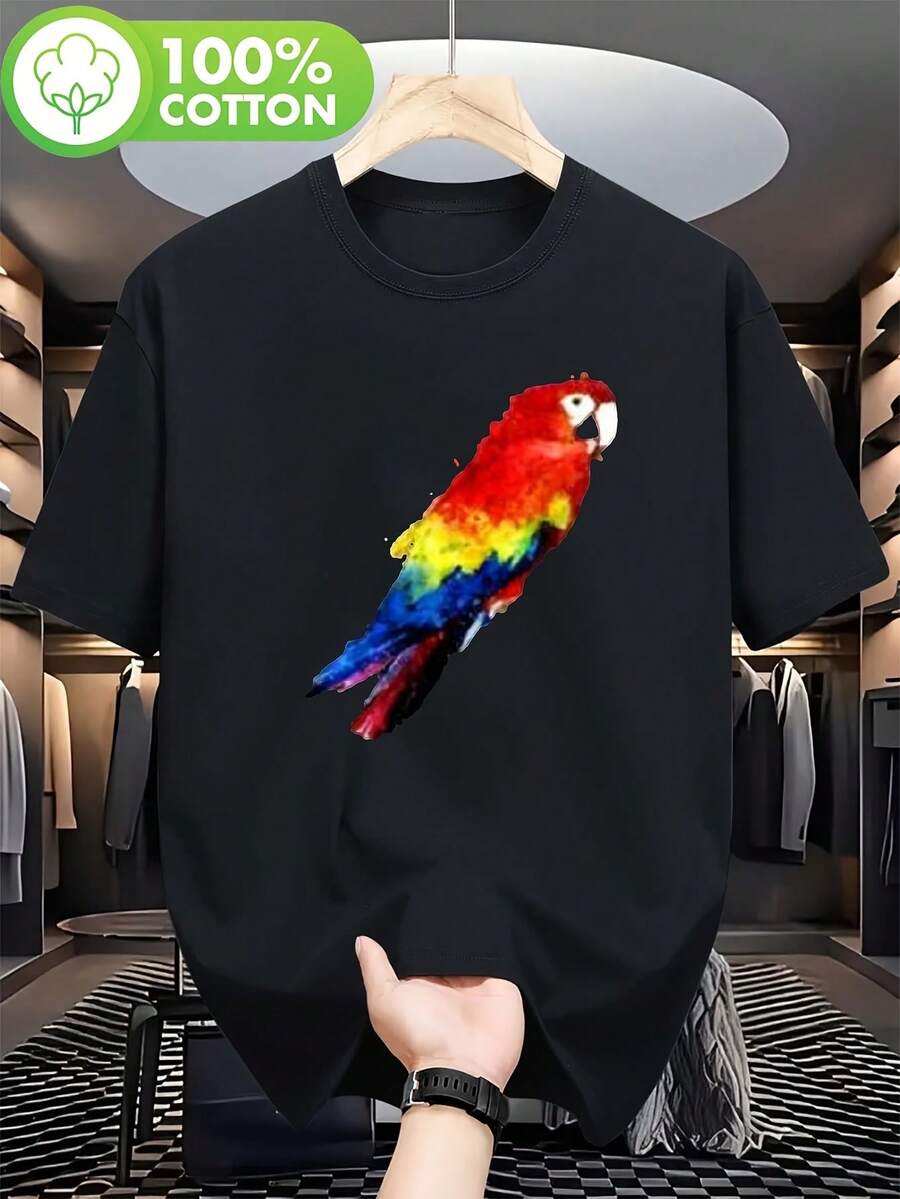 Tropical Parrot T-Shirt For Men - Soft, Breathable, Loose Fit, Parrot Print That Changes Color To Red, Blue, Yellow, Green, Orange.