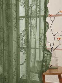 1pc Vintage Floral Lace Sheer Curtain, Retro Style Lightweight Long Pleated Ruffle Soft Light Gauze Curtain, Suitable For Home Decor All Seasons - Green - View 8