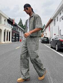HOMIIE Men's 2 Pieces Set, Grey Plaid Zipper Short Sleeve Cropped Shirt And Elastic Waist Wide Leg Pants, Back Letter Print Streetwear Back To School Outfit - Grey - View 5