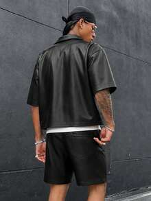 HOMIIE Men's 2 Pieces Set, Black PU Leather Short Sleeve Zipper Short Jacket & Elastic Waist Drawstring Shorts, Flap Pocket Streetwear Back To School Outfit - Black - View 2