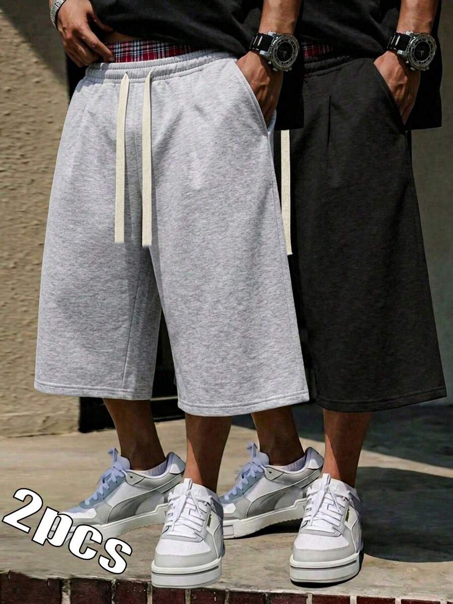 2PCS Men's Spring/Summer 7/8 Length Sports Casual Pants - Lightweight Solid Color, With Pockets And Drawstring Waist, Suitable For Casual Sports And Jogging - Multicolor - View 1