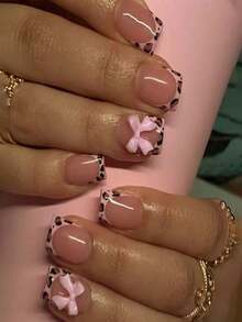 Y2K 24 Piece Set Of Short Square Press On Nail Art Pieces, Pink French Leopard Print, 3D Bow Design, Handmade, Glossy, Fully Covered, Suitable For Women And Girls To Wear Daily Nail Products - Multicolor - View 5