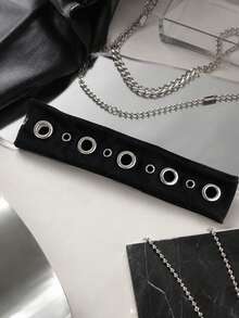 1pc Y2K Punk Metal Eyelet Wide Headband, Black Fabric Headband, Cool Non-Slip Women's Hair Accessory - Black - View 5