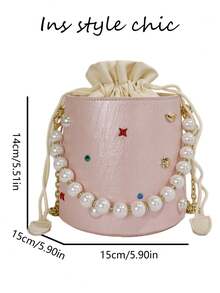 Pearl Beaded Colorful Rhinestone Metal Star Decor Ruched Texture Detachable Metal Chain Portable Drawstring Bucket Bag For Women, Sweet Round Cylinder Handbag For Travel, Shopping, Dating, Exquisite Niche Crossbody Shoulder Bag, Fresh Versatile - Pink - View 2