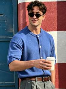 Lookun Men's Knitted Cardigan Round Neck Short Sleeve Vintage Casual Open Front Knit Jacket Spring Summer - Blue - View 4