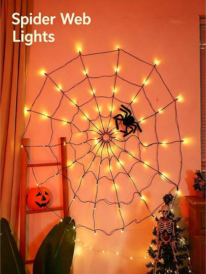Spooky Halloween Spider Web Decor Luster, Dimmable Warm LED Cobweb Wall Lamp With Plush Spider Ornament (Batteries Not Included), Scary Haunted House Decor For Living Room Dining Hotel Villa Stairwell Party Layout