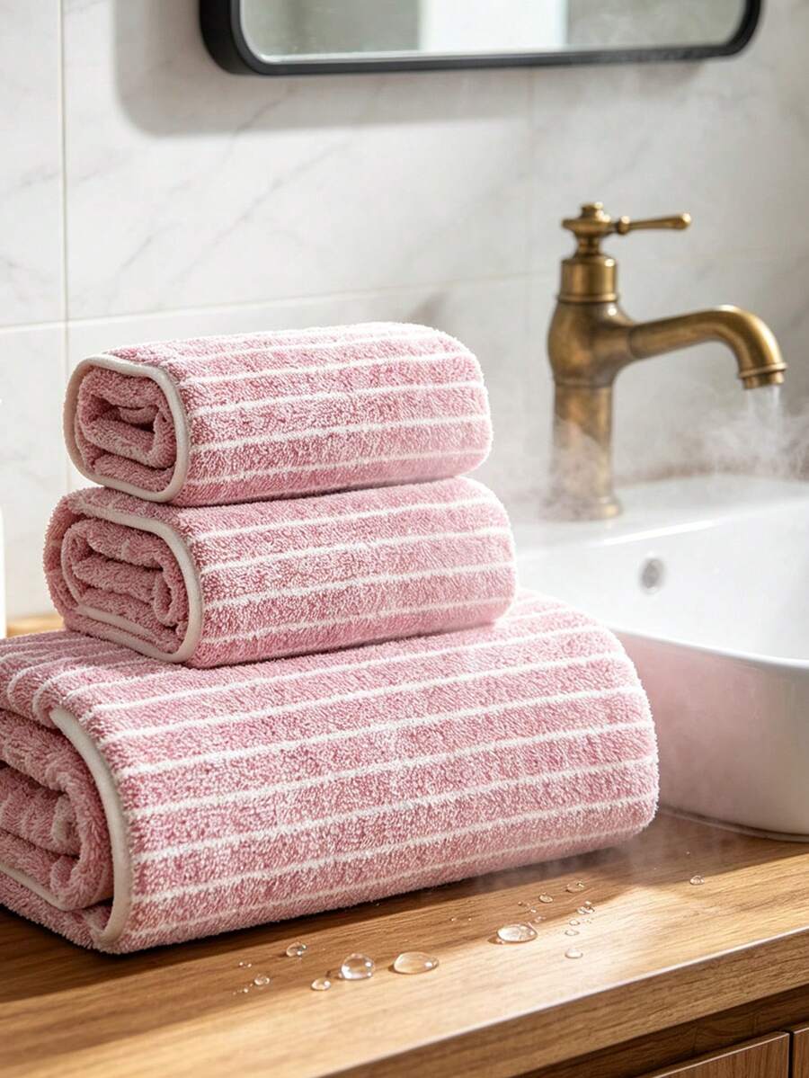 Coral Fleece Soft Quick-Dry Striped Bath Towel/Hand Towel/Face Towel/Beach Towel, Suitable For Bathroom, Back To School, Home Essentials, Skin Care - Pink - View 1
