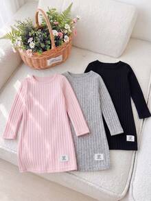 3pcs/Set Young Girls' Solid Ribbed Minimalist Elegant Dress - Multicolor - View 1