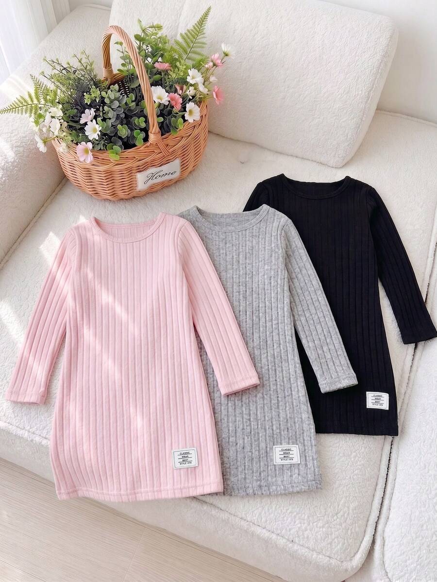 3pcs/Set Young Girls' Solid Ribbed Minimalist Elegant Dress - Multicolor - View 1