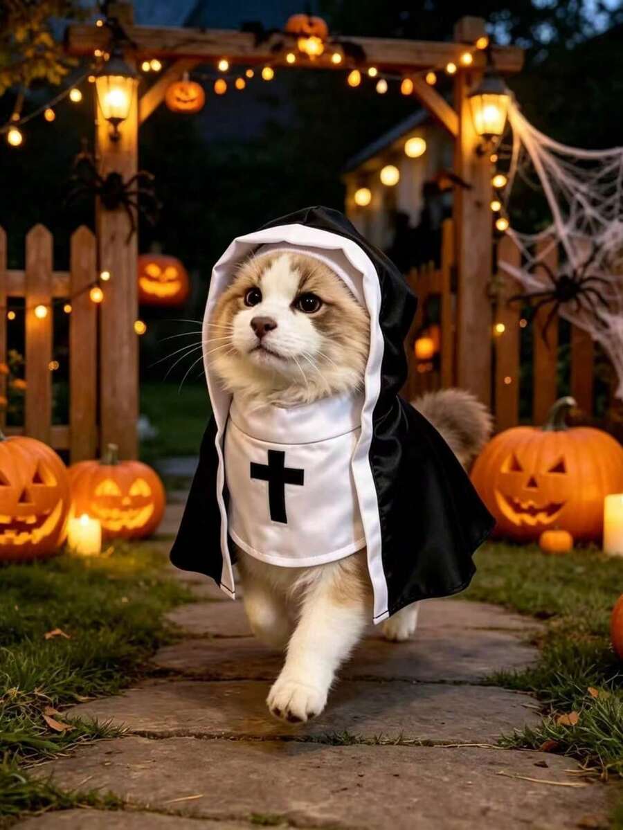 1pc/Set Halloween Cat Costume Pet Clothes Dog Cosplay Funny Photo Prop, Small And Medium Pet Apparel, Made Of Soft Polyester Fabric, Suitable For Cats And Small Dogs, Perfect For Halloween Costumes And Role Play Activities - Multicolor - View 1