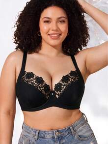 1pc Plus Size Women's Wireless Lace Bra, Breathable Anti-Slip, High Support, Adjustable Straps, Seamless Design, Suitable For Daily Wear - Black - View 5