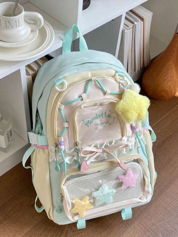 1 mochila com estrela decorativa em blocos de cor, grande capacidade, adequada para viagens, compras, férias e escola