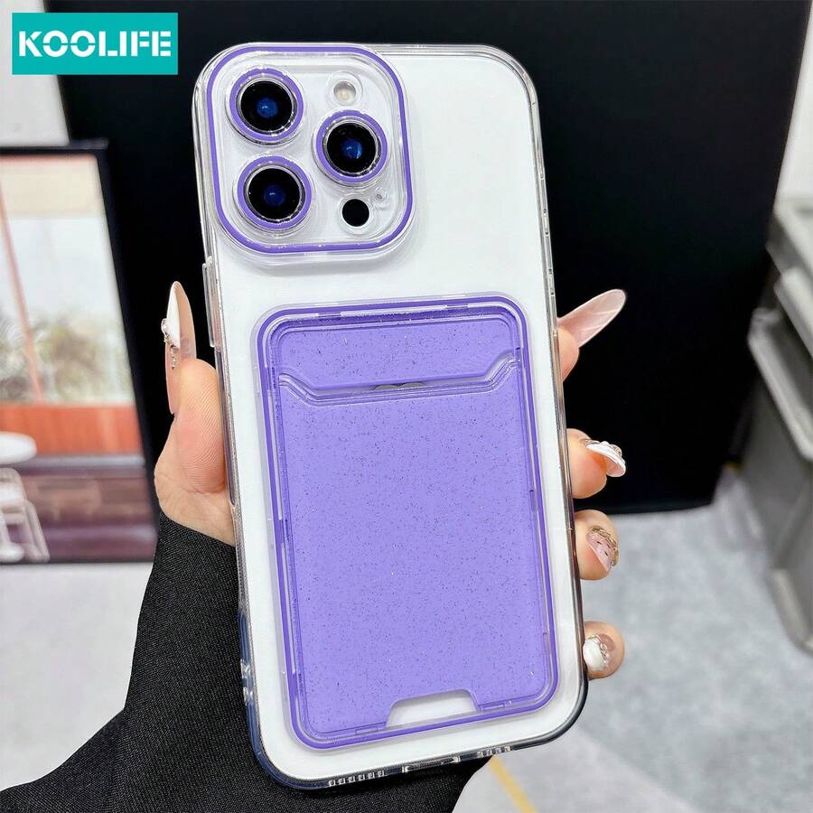 Koolife 1件裝紫色亮片透明卡槽手機殼，適用於 iPhone 11 12 13 14 15 16 17 Pro Max Plus，全方位保護錢包式手機殼，簡約時尚設計，適合青少年女孩