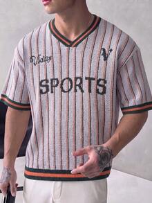 Spring/Summer Men's Unisex V-Neck Knit Striped Casual Commute Street Short Sleeve Pullover T-Shirt - Orange - View 2