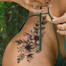 1Pc Washable Temporary Tattoo, Vivid Red Ink Flower Minimalist Design, Suitable For Daily Use - Brown - View 3