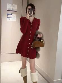 Y6Y 2026 New High-End Elegant Style Women's Early Autumn Short Red Knit Dress - Red - View 5
