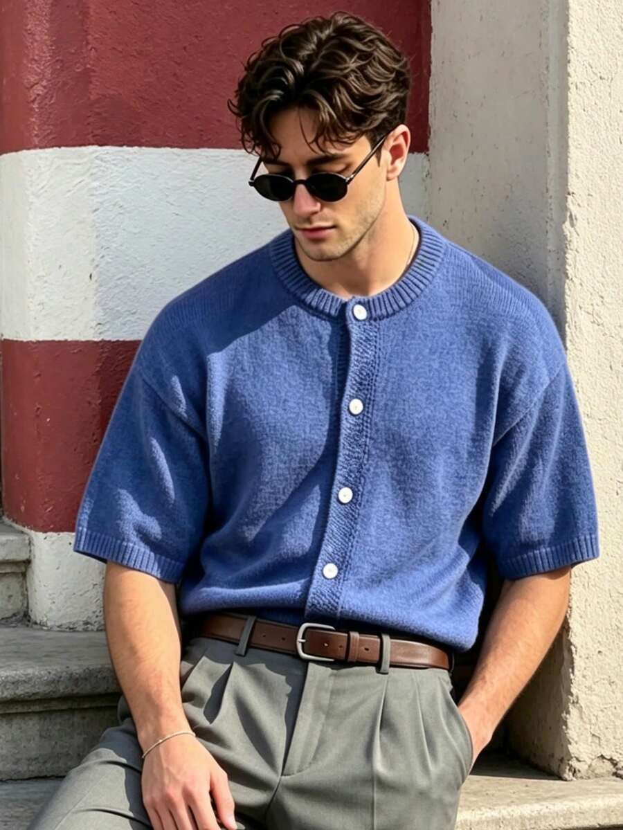 Lookun Men's Knitted Cardigan Round Neck Short Sleeve Vintage Casual Open Front Knit Jacket Spring Summer - Blue - View 1