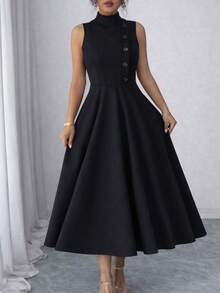 Elegant Sleeveless High Neck Midi Dress For Women, Side Button Detail, Chic Casual And Party Tailored Dress - 黑色的 - 查看 7