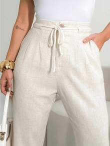 Women's Linen High Waist Trousers With Elegant And Detailed Rope Belt And Pence - Beige - View 1