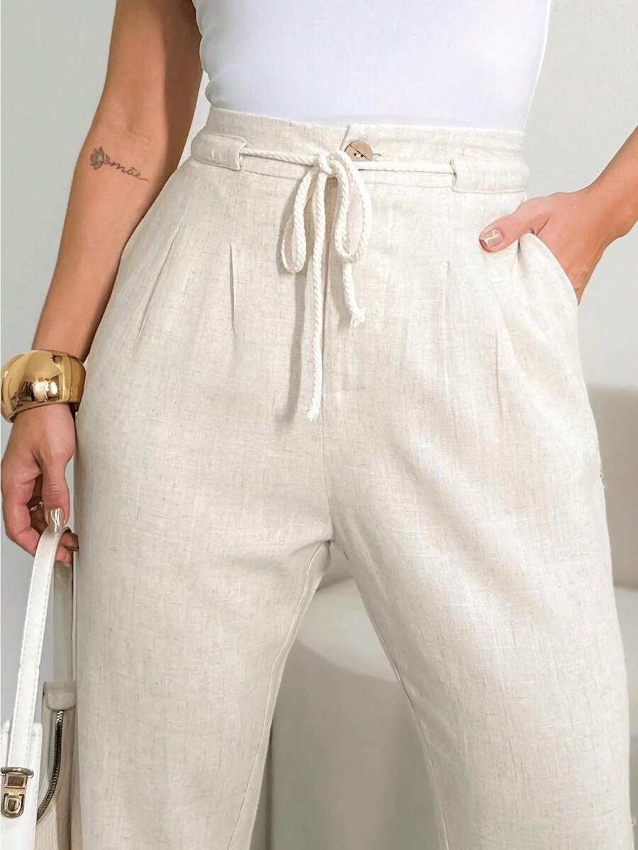 Women's Linen High Waist Trousers With Elegant And Detailed Rope Belt And Pence - Beige - View 1