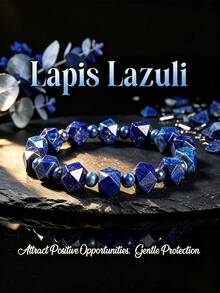 1pc Natural Lapis Lazuli Faceted Stone Beaded Bracelet, Unisex Geometric Healing Crystal Energy Elastic Bracelet - Blue - View 1