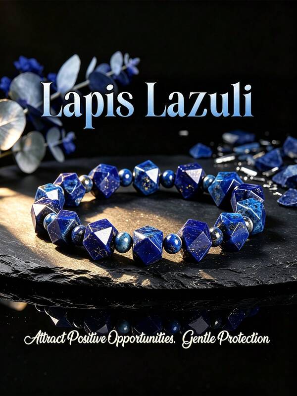 1 buah Gelang Manik-manik Batu Lapis Lazuli Alami Berfaset, Gelang Elastis Energi Kristal Penyembuhan Geometris Unisex