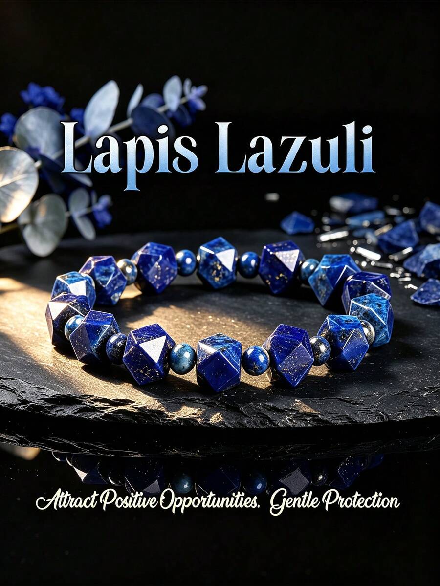 1pc Natural Lapis Lazuli Faceted Stone Beaded Bracelet, Unisex Geometric Healing Crystal Energy Elastic Bracelet - Blue - View 1