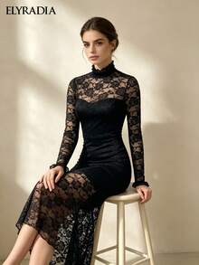 ELYRADIA Elegant Long Black Lace Dress For Fall Fashionable Stand Collar Long Sleeve Bodycon Gown For Work, Formal & Luxury Evening Parties - Black - View 3