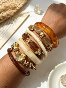 Juego de 7/4/3/1 pulseras de estilo casual vintage de moda con cuentas de resina y CCB doradas multicolores, adecuado para uso diario, vacaciones, fiestas y regalos para mujeres - Multicolor - Ver 2