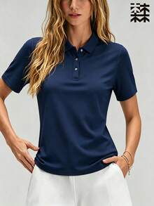 mulinsen 女款純色 Polo 領短袖襯衫，運動休閒日常夏季長袖上衣 - 藏蓝色 - 查看 1