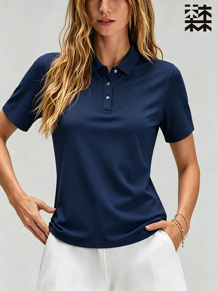 mulinsen 女款純色 Polo 領短袖襯衫,運動休閒日常夏季長袖上衣 - 藏蓝色 - 查看 1