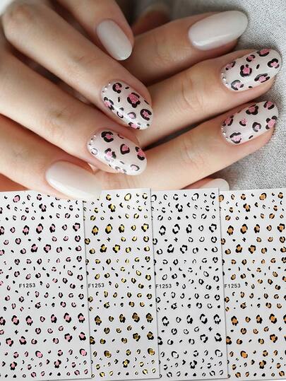 4pcs Colorful Sequin Leopard Print Nail Stickers Set, Vintage Y2K Baddie Leopard Print Elements, Classic Animal Pattern Professional Nail Art Supplies, Suitable For Autumn/Winter Season, Halloween Party, Daily Baddie Outfit And Street Fashion Decoration