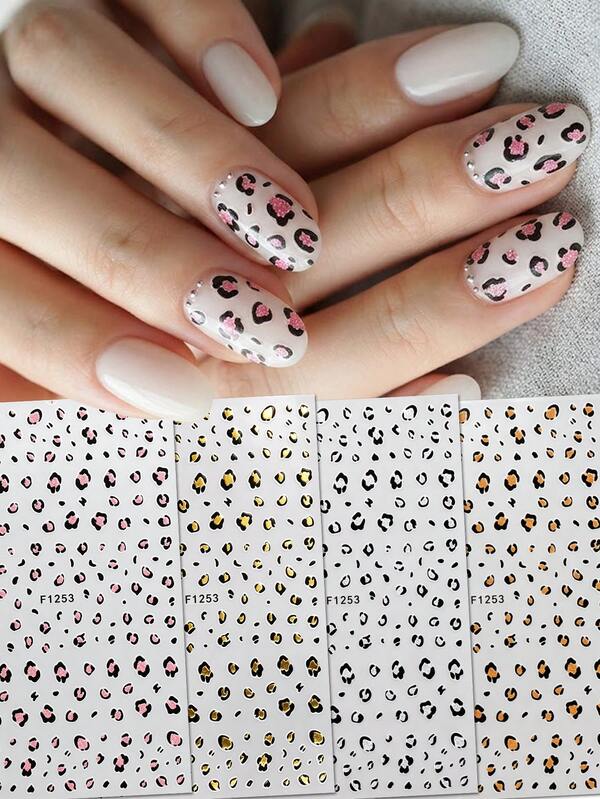 4pcs Colorful Sequin Leopard Print Nail Stickers Set, Vintage Y2K Baddie Leopard Print Elements, Classic Animal Pattern Professional Nail Art Supplies, Suitable For Autumn/Winter Season, Halloween Party, Daily Baddie Outfit And Street Fashion Decoration