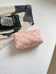 Fashionable Multi-Purpose Quilted Embroidered Grid Padded Makeup Bag, Student Pencil Case, Diamond Quilted Pattern, Solid Color Design, Casual Handbag, Warm Down-Filled Small Bag - Pink - View 4