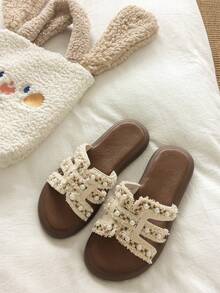 2026 New French Pearl Flat Sandals, Fashion Beach Sandals, Fashion Casual Slippers, Wedding - Beige - View 3