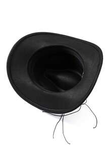 1pc Pure Black Faux Wool Western Cowboy Hat With Dark Brown Leather Hat Band, Decorated With Silver Bull Head Badge And Vintage Metal Round Buckle, Black And Brown Contrast Cool Style, Shapeable Wide Brim, Outdoor Travel Photography Western Style Versatile Sun Protection Hat, Unisex - Top Hat - View 4