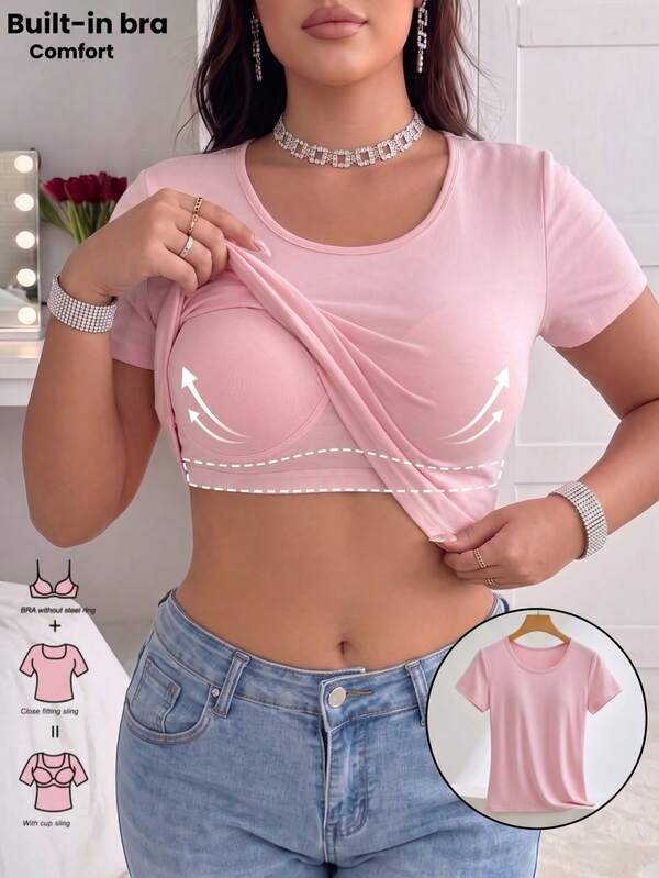 Camiseta con sujetador incorporado de talla grande, manga corta, top ultra fino sin costuras, elástico y cómodo con copas acolchadas, básico para uso diario