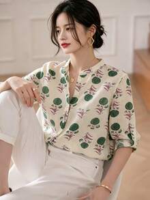 YUXIN 女款霧藍色水彩花卉印花立領七分袖上衣，捲袖口修身透氣上衣，春夏辦公度假襯衫 - 綠色葉子 - 查看 2