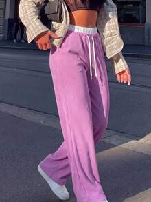 Women's Autumn Straight Leg 2 In 1 Contrast Color Long Pants, Corduroy Drawstring Wide Leg Casual Pants, Vertical Ribbed Texture Solid Color Loose Draped Straight Leg Sports Pants - Pink - View 6