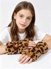 1 Pair Of Winter Half-Finger Leopard Print Gloves, Comfortable And Warm, Essential For Winter Cycling, Office Work, And Outdoor Activities. - Multicolor - View 2