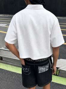 男士夏季休閒純色印花短袖襯衫，度假海灘熱帶風襯衫，日常穿著，法式優雅浪漫，父親節禮物 - 白色 - 查看 5