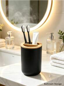 This Innovatively Designed Black Toothbrush Cup With Lid Is Made Of Durable Plastic, Perfect For Storing Oral Care Products. It Can Also Be Used As A Household Item, Toothbrush Holder, Home Decor, Storage Box, And Bathroom Personal Care Accessory. - Multicolor - View 2