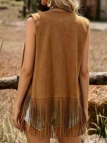 Women's Brown Faux Suede Sleeveless Vest With Fringe Detail And Open Collar, Regular Length Casual Outerwear, Suitable For All Seasons - Camel - View 3