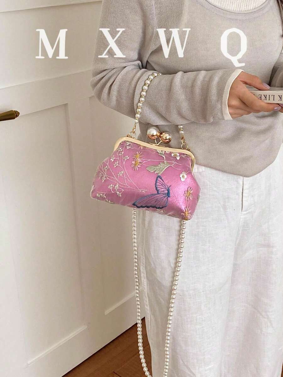 新款復古布料珍珠鏈條扣女款手提包，優雅百搭斜挎包