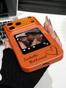 1pc DIY Customized Couple Photo & English Name Dual Custom Luxury Fashion Large Window Tempered Glass With Lens Protection Anti-Drop Phone Case Compatible With Apple Duo/18ProMax/17ProMax/16Pro/15/14Plus/13Pro/12ProMax/11 Phone Accessories Full Coverage Premium Protective Cover - Orange - View 6
