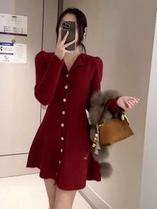 Y6Y 2026 New High-End Elegant Style Women's Early Autumn Short Red Knit Dress - Red - View 3