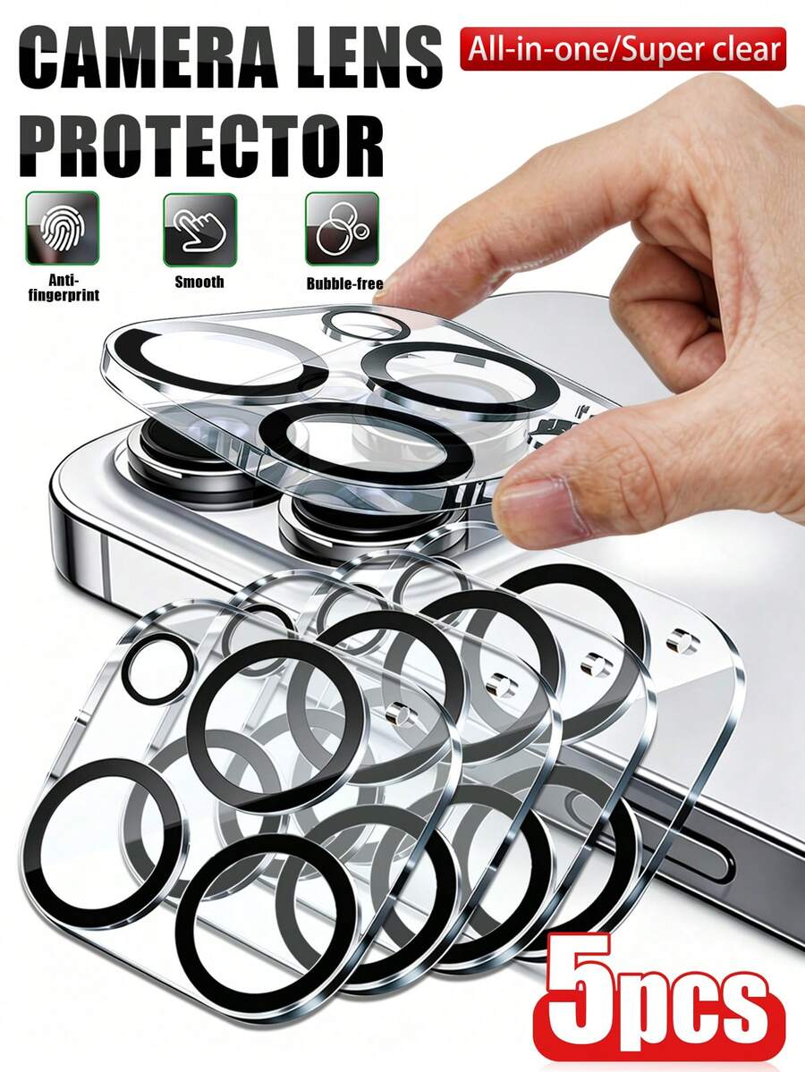 Navigator 5pcs, Compatible With Apple, One-Piece Silk Screen Lens Protector Film, Compatible With IPhone Ultra/18 Promax/18 Pro/18/17 Pro Max/17E/17 Pro/17Air/17/16 Pro Max/16 Pro/16 Plus/16/15 Pro Max/15 Pro/15 Plus/15/14/13/12/11, Acrylic Material, High Definition Transparent, One-Piece Full Coverage Protection, 9H High Hardness, Anti-Scratch, Anti-Fingerprint, Anti-Glare, Water-Resistant, Easy Installation Phone Accessory.