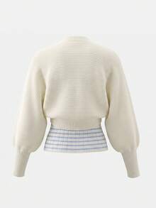 Korean Style Contrast Stripe Bandeau Top & Knitted Cardigan 2pcs Set, Slim Fit Flattering Top Outfit For Women, Autumn/Winter - White - View 8